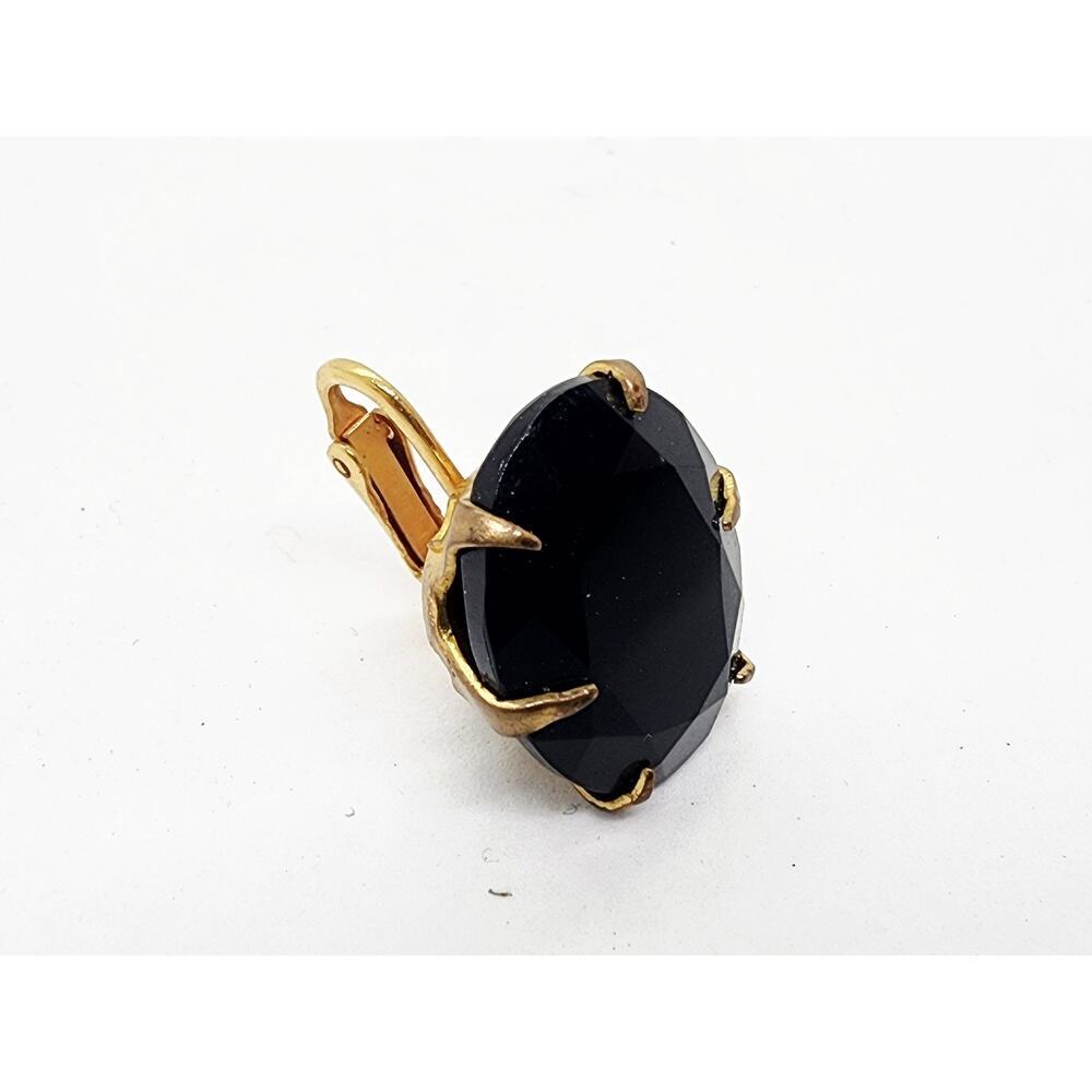 Vintage Big Black Oval Earrings Faceted Glass Stone Gold Tone Clip On 1950s - Picture 8 of 8